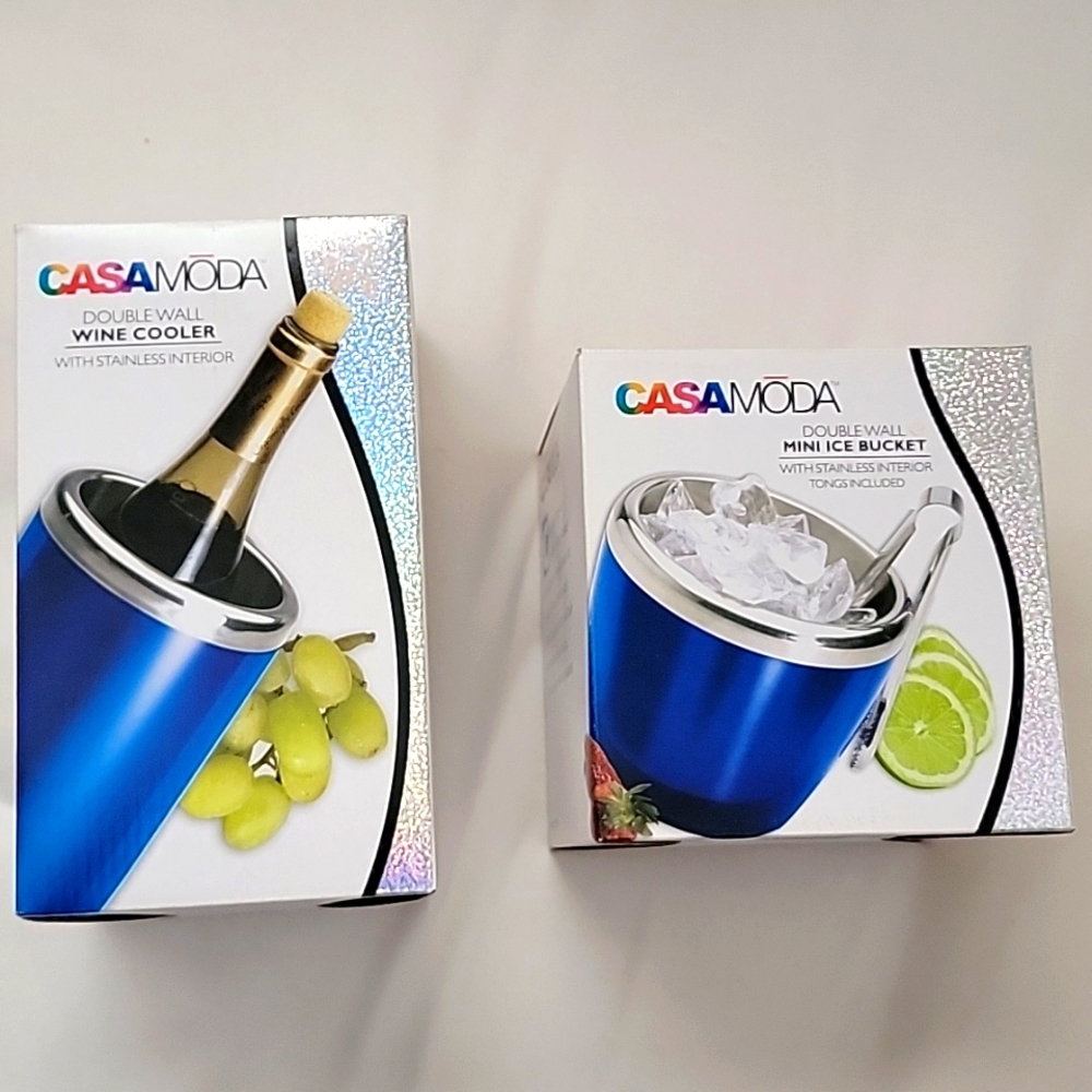 CASA MODA Wine Double Wall Cooler and Mini Ice Bucket Stainless Tongs Lot